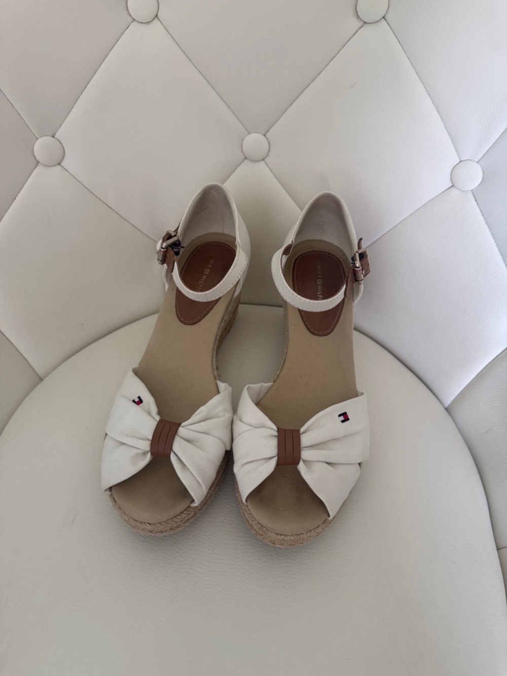 Tommy Hilfiger White Cream Wedge Espadrille Sandals with Tan Ankle Strap 6.5 - Picture 2 of 13